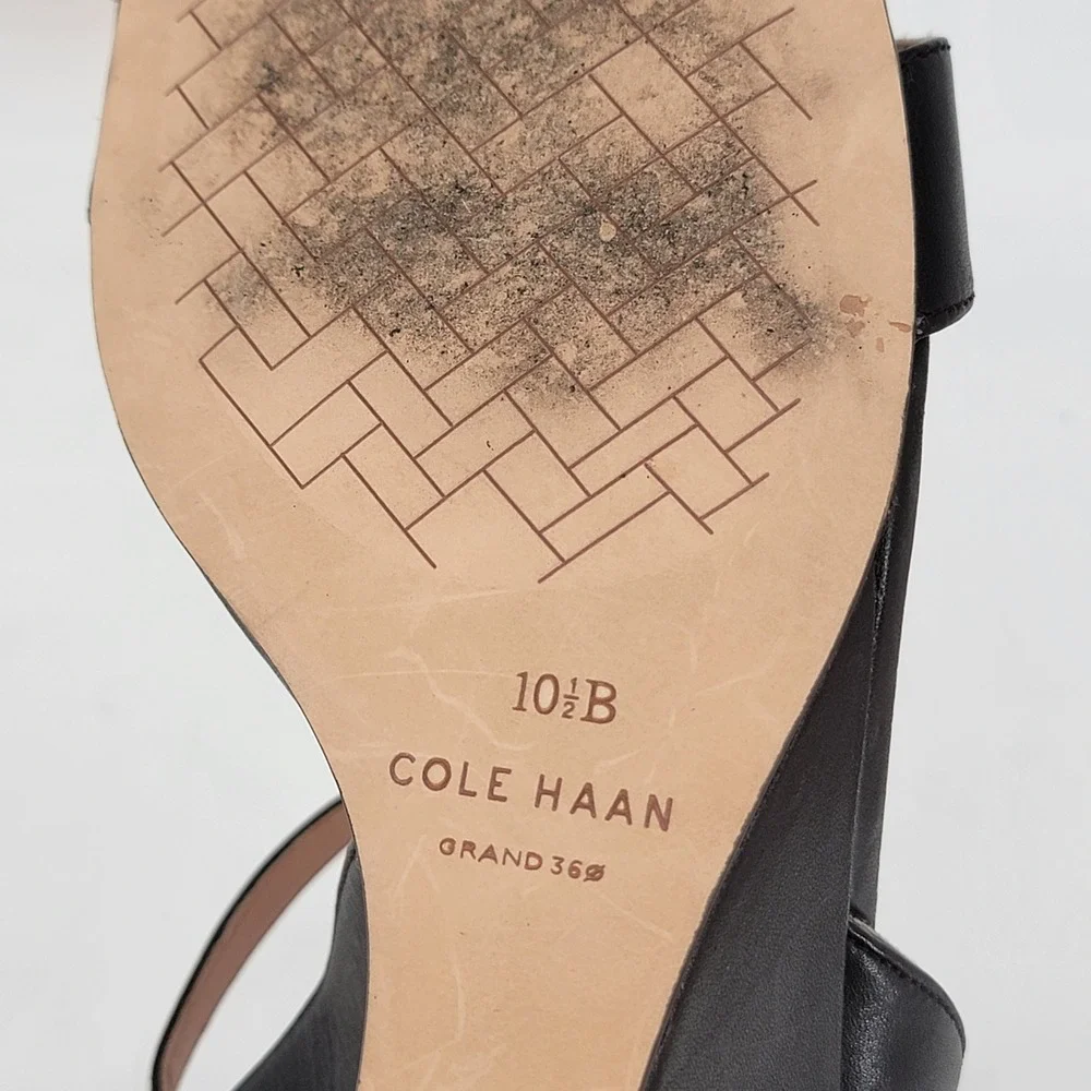 Cole Haan Grand 360 Black Leather Wedge Sandals Womens 10.5 B Ankle Strap Gold